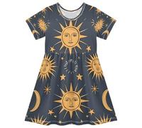 ISAOA Vestito estivo da bambina, a maniche corte, prendisole 2-8T, sole, luna e stelle, Multi, 5-6 Anni