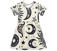 ISAOA Vestito estivo da bambina, a maniche corte, prendisole 2-8T, sole, luna, stella, Multi, 5-6 Anni