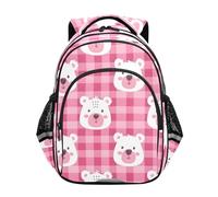 ISAOA Zaino per bambini per bambini in età prescolare o asilo, a scacchi rosa con volto di un orso, 3-8 anni, Multi, M