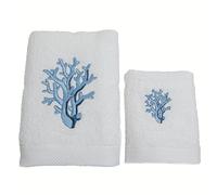 Ischia Tessile Ricami De Vivo Coppia di Asciugamani in Spugna Idrofilizzata con Corallo Ricamato - 100% Cotone - Asciugamani Bagno WC - Lavabile in Lavatrice e Asciugabile in Asciugatrice (Blu)