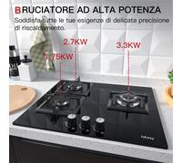 IsEasy 60cm 3Fuochi Cucina Piano Cottura Vetro Nero Fornello da Incasso 7750w IT