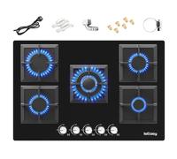 IsEasy 77cm Piano Cottura a Gas, Vetro Nero 5 fuochi accensione a impulsi GN/GPL