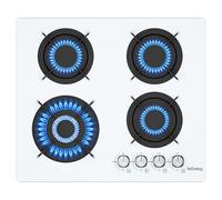 IsEasy Piastra di cottura a gas con 4 luci in vetro bianco, piastra a gas 4 luci da incasso, piano cottura 60 cm, 7800 W, supporti in ghisa, gas città e bottiglia