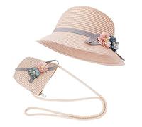 ISIYINER Cappello da Sole per Ragazze Cappello di Paglia Cappello da Spiaggia Estivo e Mini Set di Borse con Decorativo Fiori per Vacanze attività All'aperto