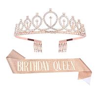 ISIYINER Compleanno Corona Tiara e Sash, Strass Corona Diadema con Satin Sash Compleanno Copricapo Decorazioni per Ragazze Donna Feste di Compleanno (Oro rosa)