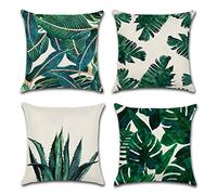 ISIYINER Fodera per Cuscino Cotone Lino Decorativo Quadrato Federe Stampato Stile Tropicale Foglie Federe per Divano Letto Auto 45 x 45 cm,Set di 4