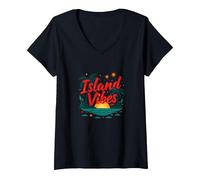 Island Vibes Only: Paradise Tropicale al Tramonto Maglietta con Collo a V, Donna, Nero, XXL