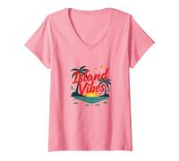 Island Vibes Only: Paradise Tropicale al Tramonto Maglietta con Collo a V, Donna, Rosa, XL