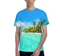 Island with Sandy Beach and Palm Tree Camicia morbida elasticizzata da indossare tutti i giorni, maglietta con stampa completa casual comoda girocollo manica corta, Nero , XXL