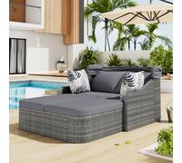 Islanda, set lounge da giardino, in rattan PE con baldacchino regolabile, per tutte le stagioni in vimini, doppio lounge con 4 cuscini e federa rimovibile per giardino, piscina, grigio.