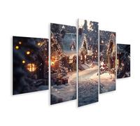 islandburner Immagine su tela Villaggio natalizio illuminato di notte con case illuminate e Santa Claus, immagini per parete, poster