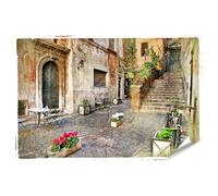 islandburner Poster con vicolo nascosto con fiori e tavoli da caffè in tranquillo centro storico, 90 x 60 cm