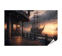 islandburner Poster XXL con immagine del porto dei pirati taverna con vista di vecchie navi a vela, mare, tramonto scena, immagini di alta qualità, stampa fotografica IVBA-PKL