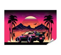 islandburner Prime, poster con immagine retrò, auto prima del tramonto con palme e montagne sullo sfondo, immagini premium