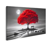 islandburner Prime Quadro su tela Albero Rosso Luminoso su una Spiaggia Monocromatica con Luna Immagini per Parete Poster