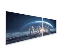 islandburner Prime Quadro su tela astronauti tenere le mani davanti alla terra al chiaro di luna - tela 160 x 40 cm - 2 pezzi