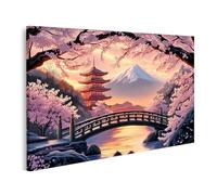 islandburner Prime Quadro su tela, fiori di ciliegio sul monte Fuji con tempio e ponte per soggiorno, amanti della natura, studio di massaggi