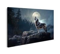islandburner Prime Quadro su tela Lupo grigio urla alla luna piena sulla scogliera nella foresta buia
