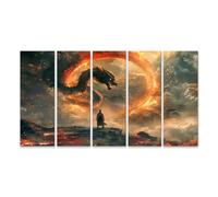 islandburner Prime Quadro su tela, motivo: leggenda del drago sul cielo del fuoco, opere d'arte fantasy, nuvole, 160 x 80 cm, 5 pezzi, XXL