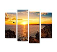 islandburner Quadri moderni Paesaggio tranquillo tramonto sul mare con la luce solare riflessa sull'acqua, un uccello che vola e la costa rocciosa Stampa su tela - Quadro moderno x poltrone sal