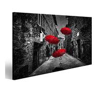 islandburner, Quadro Moderno Ombrelli Che volano con Vento e Pioggia su Una Strada Stretta e buia in Una Vecchia Città Italiana in Toscana, Italia Bianco e Nero con Rosso Stampa su Tela Quadri x