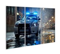 islandburner Quadro su tela auto della polizia su strada umida della città con luci blu - 3 pezzi - edizione C1