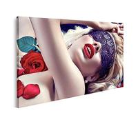 islandburner Quadro su Tela Bella Donna bionda con Maschera di Pizzo Nero sui Suoi Occhi sdraiato in Rose Rosso Quadri Stampe x Soggiorno