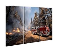 islandburner Quadro su tela camion dei pompieri rosso sul bordo della foresta dopo il fuoco, 3 pezzi