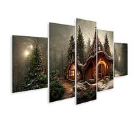 islandburner Quadro su tela Casa di Babbo Natale nella Foresta Incantata Bellissima decorazione natalizia Deco 3 Quadri Stampe Immagini Murale Decorazione da parete