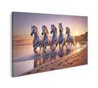 islandburner Quadro su tela Cinque cavalli bianchi corrono sulla spiaggia al tramonto immagini murali poster