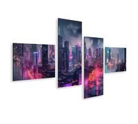 islandburner Quadro su tela città al neon di notte sotto la pioggia e le nuvole nel cielo immagini murali poster