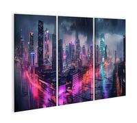 islandburner Quadro su tela città al neon di notte sotto la pioggia e le nuvole nel cielo immagini murali poster