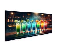 islandburner Quadro su tela Cocktail Arte: Cinque bicchieri colorati su bancone da bar in legno Immagini Poster