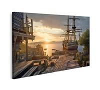 islandburner Quadro su tela Nave pirata nel porto con vista di vecchi velieri mare tramonto Scenery Vint IXXH Quadri Stampe Immagini Murale Decorazione da parete