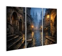 islandburner Quadro su tela Nebbioso Città Vecchia Strada con Lanterna ed edifici storici - 3 pezzi