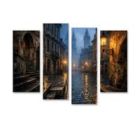 islandburner Quadro su tela Nebbioso Città Vecchia Strada con Lanterna ed edifici storici - 4 pezzi