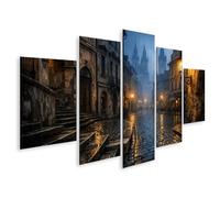 islandburner Quadro su tela Nebbioso Città Vecchia Strada con Lanterna ed edifici storici - 5 pezzi