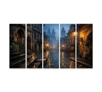 islandburner Quadro su tela Nebulosa Città Vecchia Strada con Lanterna ed edifici storici - 5 pezzi XXL