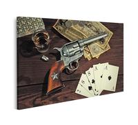 islandburner Quadro su tela Poker Revolver Whisky Mucchio di carte e vecchie banconote Immagini Murale Poster