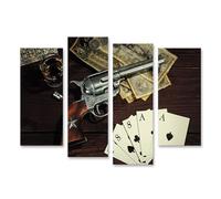 islandburner Quadro su tela Poker Revolver Whisky Mucchio di carte e vecchie banconote Immagini Murale Poster