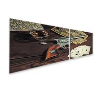 islandburner Quadro su tela Poker Revolver Whisky Mucchio di carte e vecchie banconote Immagini Murale Poster
