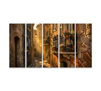 islandburner Quadro su tela Romantico vicolo con balcone e fiori alla luce della sera, 5 pezzi XXL