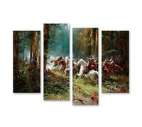islandburner Quadro su tela scena drammatica di caccia nella foresta con cavalieri e cavalli, 4 pezzi