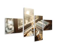 islandburner Quadro su tela soleggiata area di lettura con caffè e libro su tavolo rustico, 4 pezzi, edizione Z1