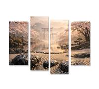 islandburner Quadro su tela, tranquillo giardino giapponese con fiori di ciliegio e Torii, 4 pezzi