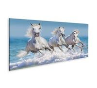 islandburner Quadro su tela Tre cavalli bianchi al mare galoppo in acqua, 120 x 40 cm