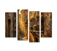 islandburner Quadro su tela Vicolo romantico con balcone e fiori alla luce della sera - 4 pezzi