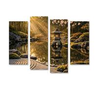 islandburner Quadro su tela Zen Giardino con lanterna e riflessi d'acqua all'alba, 4 pezzi