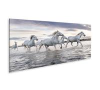 islandburner Stampa su tela con cavalli bianchi nel corso d'acqua al tramonto, 120 x 40 cm, panorama