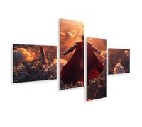 islandburner Stampa su tela con eroe che vola sopra la città nel cielo del tramonto, tela 150 x 80 cm, 4 pezzi